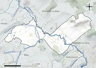 Carte en couleur présentant le réseau hydrographique de la commune