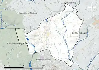 Carte en couleur présentant le réseau hydrographique de la commune