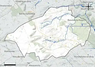 Carte en couleur présentant le réseau hydrographique de la commune