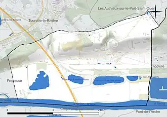 Carte en couleur présentant le réseau hydrographique de la commune