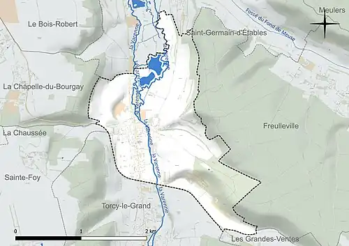 Carte en couleur présentant le réseau hydrographique de la commune