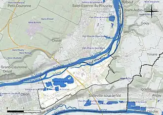 Carte en couleur présentant le réseau hydrographique de la commune
