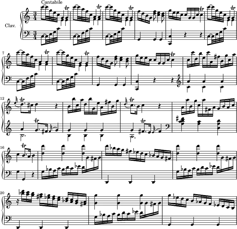 \version "2.18.2"
\header {
tagline = ##f
% composer = "Domenico Scarlatti"
% opus = "K. 132"
% meter = "Cantabile"
}
%% les petites notes
trillG = { \tag #'print { g4\trill } \tag #'midi { a32 g a g~ g8 } }
trillGResp = { \tag #'print { g4\trill } \tag #'midi { a32 g a g~ \tempo 4 = 45 g8 \tempo 4 = 78 } }
trillA = { \tag #'print { a4\trill } \tag #'midi { b32 a b a~ a8 } }
trillCResp = { \tag #'print { c4\trill } \tag #'midi { d32 c d c~ \tempo 4 = 45 c8 \tempo 4 = 78 } }
trillC = { \tag #'print { c4\trill } \tag #'midi { d32 c d c~ c8 } }
trillDqp = { \tag #'print { d8.\trill } \tag #'midi { e32 d e d~ d16 } }
trillCqp = { \tag #'print { c8.\trill } \tag #'midi { d32 c d c~ c16 } }
trillBqp = { \tag #'print { b8.\trill } \tag #'midi { c32 b c b~ b16 } }
trillGqp = { \tag #'print { g8.\trill } \tag #'midi { a32 g a g~ g16 } }
trillFisqp = { \tag #'print { fis8.\trill } \tag #'midi { g32 fis g fis~ fis16 } }
upper = \relative c'' {
\clef treble
\key c \major
\time 3/4
\tempo 4 = 78
\set Staff.midiInstrument = #"harpsichord"
\override TupletBracket.bracket-visibility = ##f
s8*0^\markup{Cantabile}
\repeat unfold 2 { c'8~ c32 g e c g4 \trillG | c'8~ c32 a f c a4 \trillA | c'8~ c32 g e c g4 \trillGResp | f'16 d b g < d' f >8 < c e >4 < b d >8
% ms. 5
g'16 e e c c g g c \trillCResp } |
% ms. 11
c16 c' d, b' e, c' a, fis' b, g' c, a' | \appoggiatura e32 \trillDqp cis16 d4 r4 |
% ms. 13
b16 b' c, a' d, b' g, e' a, fis' b, g' | \appoggiatura d32 \trillCqp b16 c4 r4 | a16 a' b, g' c, a' fis, a g b a c | c4 \trillBqp a16 b4 |
% ms. 17
< d d' >4 q q | d'16 bes a g fis ees d c bes a g fis | < d' d' >4 q q |
% ms. 20
r16 < bes' d >16 < a c > < g bes > < fis a > < ees g > < d fis > < c ees > < bes d > < a c > < g bes > < fis a > | < g g' >4 q q | g'16 ees d c b aes g f ees d c b |
}
lower = \relative c' {
\clef bass
\key c \major
\time 3/4
\set Staff.midiInstrument = #"harpsichord"
\override TupletBracket.bracket-visibility = ##f
% ************************************** \appoggiatura a16 \repeat unfold 2 { } \times 2/3 { } \omit TupletNumber
\repeat unfold 2 { c,8~ c32 e g c \stemDown \change Staff = "upper" e4 e \stemNeutral \change Staff = "lower" | c,8~ c32 f a c \stemDown \change Staff = "upper" f4 f \stemNeutral \change Staff = "lower" | c,8~ c32 e g c \stemDown \change Staff = "upper" e4 e \stemNeutral \change Staff = "lower" | g,,4 g g |
% ms. 5
< c, c' >4 r4 r4 } | \clef treble
% ms. 11
<< { a'''4 a a | a \trillGqp fis16 \appoggiatura fis32 g4 } \\ { c,4 c c | b2. } >>
% ms. 13
<< { g'4 g g | g \trillFisqp e16 \appoggiatura e32 fis4 } \\ { b,4 b b | a2. } >> \clef bass < a c d fis >4 < a c > < d, a' d > | g g, r4 |
% ms. 17
\repeat unfold 2 { g'16 bes a c bes d c ees d \stemDown \change Staff = "upper" g fis g \stemNeutral \change Staff = "lower" | d,,4 d d } |
% ms. 21
g'16 bes a c bes d c ees d \stemDown \change Staff = "upper" g fis g \stemNeutral \change Staff = "lower" | g,,4 g g |
}
thePianoStaff = \new PianoStaff <<
\set PianoStaff.instrumentName = #"Clav."
\new Staff = "upper" \upper
\new Staff = "lower" \lower
>>
\score {
\keepWithTag #'print \thePianoStaff
\layout {
#(layout-set-staff-size 17)
\context {
\Score
\override SpacingSpanner.common-shortest-duration = #(ly:make-moment 1/2)
\remove "Metronome_mark_engraver"
}
}
}
\score {
\keepWithTag #'midi \thePianoStaff
\midi { }
}