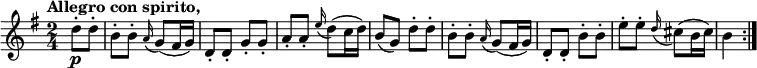 \relative c' {
\version "2.18.2"
\key g \major
\tempo "Allegro con spirito,"
\time 2/4
\tempo 4 = 140
\partial4 d'8-.\p d-.
b-. b-. \grace a16 (g8) (fis16 g)
d8-. d-. g-. g-.
a-. a-. \grace e'16 (d8) (c16 d)
b8 (g) d'8-. d-.
b-. b-. \grace a16 (g8) (fis16 g)
d8-. d-. b'-. b-.
e-. e-. \grace d16 (cis8) (b16 cis)
b4 \bar ":|."
}