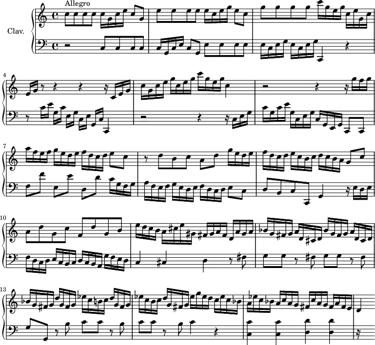 
\version "2.18.2"
\header {
  tagline = ##f
}

upper = \relative c'' {
  \clef treble 
  \key c \major
  \time 4/4
  \tempo 4 = 110
  \set Staff.midiInstrument = #"harpsichord"

   c8^\markup{Allegro} c c c c16 g c e c8 g | e'8 e e e e16 c e g e8 c | g'8 g g g  c16 g e g  c, e g, c | 
   % ms. 4
   e,16 g r8 r4 r4 r16 c,16 e g | c g c e  g c, e g  c g e g  c,4 | r2 r4 r16 g'16 f g | 
   % ms. 7 
   a16 f e f  g e d e  f d c d  e8 c | r8 d8 b c a d g16 e d e | f d c d e c b c  d c b a  g8  c | 
   % ms. 10
   a d g, c f, d' g, b | e16 d c b  a cis e gis, fis gis a fis d a' gis a | bes g fis g a d, cis d bes' g fis g a d, cis d |
   % ms. 13
   bes'16 g fis g  d' g, fis g  ees' c b c  d g, fis g | ees' c b c  d g, fis g  ees' g ees d c ees c bes | a ees' c bes  a c a g  fis c' a g  fis a fis e | d4 

}

lower = \relative c {
  \clef bass
  \key c \major
  \time 4/4
  \set Staff.midiInstrument = #"harpsichord"

    % **************************************
     r2 c8 c c c | c16 g c e c8 g  e'8 e e e | \repeat unfold 2 { e16 c e g } c,,4 r4
    % ms. 4
    r8 c''16 e g,[ c] e, g c,[ e] g, c c,4 | r2 r4 r16 c' e g | c g c e  g, c, e g  c, g e g  c,8 c |
    % ms. 7
    f'8 f' e,[ e'] d, d' c16 g f g | a16 f e f  g e d e  f d c d  e8 c | d b c c, g'4 r16 e'16 d e |
    % ms. 10
    f16 d c d  e c b c  d c b a  g' f e d | c4 cis  d r8 fis8 | g g r8 fis g g r8 fis | g g, \repeat unfold 2 { r8 b' c c } r8 b c4 r4 | < c, c' >4 q < d d' > q | r16 s8.

}

thePianoStaff = \new PianoStaff <<
    \set PianoStaff.instrumentName = #"Clav."
    \new Staff = "upper" \upper
    \new Staff = "lower" \lower
  >>

\score {
  \keepWithTag #'print \thePianoStaff
  \layout {
      #(layout-set-staff-size 17)
    \context {
      \Score
     \override SpacingSpanner.common-shortest-duration = #(ly:make-moment 1/2)
      \remove "Metronome_mark_engraver"
    }
  }
}

\score {
  \keepWithTag #'midi \thePianoStaff
  \midi { }
}
