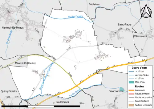 Carte en couleur présentant le réseau hydrographique de la commune