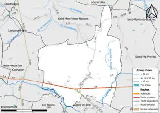 Carte en couleur présentant le réseau hydrographique de la commune