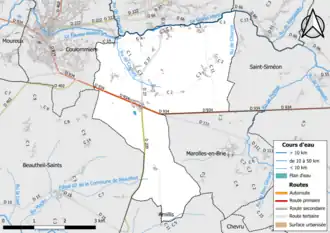 Carte en couleur présentant le réseau hydrographique de la commune