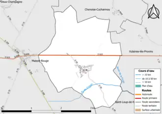Carte en couleur présentant le réseau hydrographique de la commune