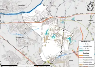 Carte en couleur présentant le réseau hydrographique de la commune