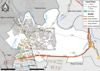 Carte en couleur présentant le réseau hydrographique de la commune