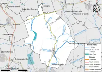 Carte en couleur présentant le réseau hydrographique de la commune