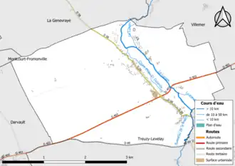 Carte en couleur présentant le réseau hydrographique de la commune