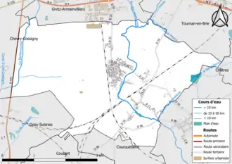 Carte en couleur présentant le réseau hydrographique de la commune