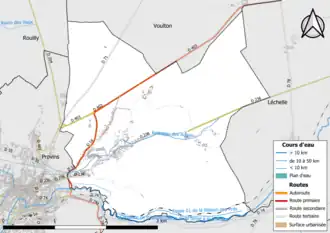 Carte en couleur présentant le réseau hydrographique de la commune