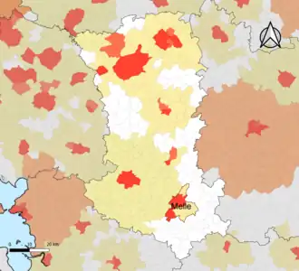 Localisation de l'aire d'attraction de Melle dans le département des Deux-Sèvres.