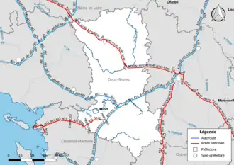 Carte du réseau routier national (autoroutes et routes nationales) dans le département des Deux-Sèvres
