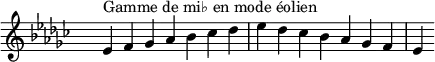 
\relative c' { 
  \key ees \aeolian
  \clef treble \time 7/4 \hide Staff.TimeSignature ees4^\markup { Gamme de mi♭ en mode éolien } f ges aes bes ces des ees des ces bes aes ges f ees
}
