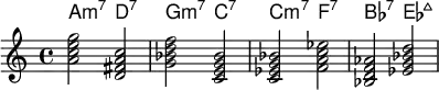 <<
\new ChordNames \chordmode {
a2:m7 d:7 g:m7 c:7 c:m7 f:7 bes:7 es:maj
}
\new Staff \relative c''{
<a c e g> < d, fis a c > <g bes d f> <c, e g bes> <c ees g bes> <f a c ees> <bes, d f aes> < ees g bes d> }
>>