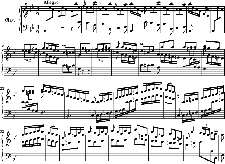 
\version "2.18.2"
\header {
  tagline = ##f
  % composer = "Domenico Scarlatti"
  % opus = "K. 155"
  % meter = "Allegro"
}

%% les petites notes
trillCq       = { \tag #'print { c8\prall  } \tag #'midi { d32 c d c } }
trillGq       = { \tag #'print { g8\prall  } \tag #'midi { a32 g a g } }
trillDq       = { \tag #'print { d8\prall  } \tag #'midi { e32 d e d } }

upper = \relative c'' {
  \clef treble 
  \key bes \major
  \time 3/8
  \tempo 4. = 76
  \set Staff.midiInstrument = #"harpsichord"
  \override TupletBracket.bracket-visibility = ##f

      s8*0^\markup{Allegro}
      s4. | bes8 f' d | bes bes' f | \appoggiatura g16 f8 ees c' | \appoggiatura f,16 ees8 d bes' | \appoggiatura ees,16 d8 c a' |
      % ms. 7
      bes16[ f d bes] f'8 | f ees c' | ees, d bes' | d, c a' | bes16  f d bes f[ d] | s4. | \stemUp 
      % ms. 13
      ees'8 ees fis | g8 g16 f ees d | \trillCq b8 c | g g' e | f f gis  | a a16[ g f e] | 
      % ms. 19
      \trillDq cis8 d | a a' a | << { a8 a a | bes g g | g g g | a16 g f e d c } \\ { s8 fis fis | g s4 | s8 e8 e | f } >>
      % ms. 25
      bes,16 a g f e d | c8  c16[ d e f] | g a bes c d e | f g a bes c bes | a8 \trillGq f8 | r8  c,16[ d e f] |
      % ms. 31
      g16 a bes c d e | f g a bes c bes | a8 \trillGq f8 | c8 g'16[ e a f] | bes8 a16[ f bes g] | c8 bes16[ g c a] |
      % ms. 37
      d8 e, f | bes d, e | g bes, b | c bes'4 | \times 2/3 { a16[ g f] } \stemDown a8 \trillGq | f8 

}

lower = \relative c' {
  \clef bass
  \key bes \major
  \time 3/8
  \set Staff.midiInstrument = #"harpsichord"
  \override TupletBracket.bracket-visibility = ##f

    % **************************************
      bes,8 \stemDown \change Staff = "upper" f''' d | \stemNeutral \change Staff = "lower" R4. | r4 d,8 | c4 a8 | bes4 d,8 | ees4 f8 |
      % ms. 7
      bes,4 d'8 | c4 a8 | bes4 d,8 | ees4 f8 | bes,8 s4 | bes8 \stemDown \change Staff = "upper" f''' d | 
      % ms. 13
      d8-\markup{mg} c c | b g16 f ees d | \stemNeutral \change Staff = "lower" c8 b c | g r8 r8 | \stemDown \change Staff = "upper" e''8-\markup{mg} d d | cis a16[ g f e] | \stemNeutral \change Staff = "lower"
      % ms. 19
      d8 cis d | a8 \stemDown \change Staff = "upper"  a'16[ g fis e] | d8 d16 c \stemUp \change Staff = "lower" bes a | g8 \stemDown \change Staff = "upper" g'16 f e d | c8 c16 \stemUp \change Staff = "lower" bes a g | \stemNeutral f4. |
      % ms. 25
      bes,4. | \repeat unfold 2 { \stemNeutral \change Staff = "lower" c8 c16[ d e f] | g a bes \stemDown \change Staff = "upper" c d e | f g a  bes c bes | a8 g f } | c8 e f | g f g  | a g a | bes bes a | g g f | e e d | c4 e8 | f \change Staff = "lower" c c, | f

}

thePianoStaff = \new PianoStaff <<
    \set PianoStaff.instrumentName = #"Clav."
    \new Staff = "upper" \upper
    \new Staff = "lower" \lower
  >>

\score {
  \keepWithTag #'print \thePianoStaff
  \layout {
      #(layout-set-staff-size 17)
    \context {
      \Score
     \override SpacingSpanner.common-shortest-duration = #(ly:make-moment 1/2)
      \remove "Metronome_mark_engraver"
    }
  }
}

\score {
  \keepWithTag #'midi \thePianoStaff
  \midi { }
}
