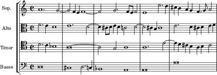 \version "2.18.2"
\header {
tagline = ##f
}
global= {
\time 2/1
\set Staff.timeSignatureFraction = 2/2
\key c \major
}
Soprano = \new Voice \relative c'' {
\set Staff.instrumentName = #"Sop."
\set Staff.midiInstrument = #"orchestral harp"
\tempo 2 = 92
a1. g2~ g f4 e f1~ f2 g2. f8 e f2 | e1 e'2. d4 | cis b a g f4. g8 a2
%\addlyrics { } % impossible de mettre le texte pour l'instant...
}
Alto = \new Voice \relative c' {
\set Staff.instrumentName = #"Alto"
\clef alto
\set Staff.midiInstrument = #"orchestral harp" %recorder"
f2. e4 d1 e1. d2~ d4 cis8 d e4 d c2 d2~ d cis4 b cis1 | e2. d4 cis d e f
}
Tenor = \new Voice \relative c' {
\set Staff.instrumentName = #"Ténor"
\clef tenor
\set Staff.midiInstrument = #"orchestral harp"
d2. c4 bes1~ | a\breve~ a2 g a1 a1. e'2~ e4 d cis b a b cis2
}
Basse = \new Voice \relative c {
\set Staff.instrumentName = #"Basse"
\clef bass
\set Staff.midiInstrument = #"orchestral harp"
d\breve cis1 d2. c4 | bes1 a | a\breve | a'\breve
}
\score {
\new StaffGroup <<
\new Staff << \global \Soprano >>
\new Staff << \global \Alto >>
\new Staff << \global \Tenor >>
\new Staff << \global \Basse >>
>>
\layout {
#(layout-set-staff-size 17)
\context {
\Score
\remove "Metronome_mark_engraver"
\override SpacingSpanner.common-shortest-duration = #(ly:make-moment 1/2)
}
}
\midi { }
}