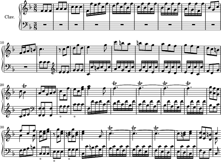 
\version "2.18.2"
\header {
  tagline = ##f
  % composer = "Domenico Scarlatti"
  % opus = "K. 82"
  % meter = ""
}

%% les petites notes
trillBes     = { \tag #'print { bes4\trill } \tag #'midi { c32 bes c bes~ bes8 } }
trillFp      = { \tag #'print { f4.\trill~ } \tag #'midi { \repeat unfold 6 { g32 f } } }
trillCp      = { \tag #'print { c4.\trill~ } \tag #'midi { \repeat unfold 6 { d32 c } } }

upper = \relative c'' {
  \clef treble 
  \key f \major
  \time 3/8
  \tempo 2 = 52
  \set Staff.midiInstrument = #"harpsichord"
  \override TupletBracket.bracket-visibility = ##f

      %s8*0^\markup{Allegro}
      f,8 f f | a a a | c c c |  f,16 f' e f c f | d f c f bes, f' | c f bes, f' a, f' |
      % ms. 7
      bes, f' a, f' g, f' | a, f' g, f' f, f' | bes,8 g c | f,16 g a8 b | c4. | r8 c8 e | d g d |
      % ms. 14
      e4 g8 | c b a | b a g | a g f | g f e | d c b | c \trillBes
      % ms. 21
      a8 c16 g a bes | c8  f, f' | e c < e g > | < f a >4 f8 | \trillFp \repeat unfold 3 { \trillFp }
      % ms. 29
      < bes, g' >8 < a f' > < g e' > | << { f'8 c f } \\ { a,4 a8 } >> | < g e' >8 < c e > < e g > | r8 < g, g' > < c e > | < b d > < g g' > < b d > | < c e >4 g8 |
      % ms. 35
      \repeat unfold 3 { \trillCp } | c8 < b d > < c e > | < f, d' > < e c' > < d b' > | << { c'4*1/2 } \\ { e,8 } >>

}

lower = \relative c' {
  \clef bass
  \key f \major
  \time 3/8
  \set Staff.midiInstrument = #"harpsichord"
  \override TupletBracket.bracket-visibility = ##f

    % ************************************** \appoggiatura \repeat unfold 2 {  } \times 2/3 { }
      R4.*10 | c8 c c |   \clef treble  e e e | g g g |
      % ms. 14
      c,16 c' b c g c | a c g c f, c' | g c f, c' e, c' | f, c' e, c' d, c' | e, c' d, c' c, c' | f,8 d g | c, d e |    \clef bass
      % ms. 21
      < f,, f' >8 q q | a'_\markup{*} a a | c_\markup{*} c c |  f,16 f' e f c f | d f c f bes, f' | c f bes, f' a, f' | bes, f' a, f' g, f' |
      % ms. 28
      a, f' g, f' f, f' | bes,8 g c | f,16 g a 8 b | c,8_\markup{*} c c | e_\markup{*} e e | g_\markup{*} g g | c,16 c' b c g c |
      % ms. 35
      a c g c f, c' | g c f, c' e, c' | f, c' e, c' d, c' | e, c' d, c' c, c' | f,8 d g | c,16
      % ms. 
      

}

thePianoStaff = \new PianoStaff <<
    \set PianoStaff.instrumentName = #"Clav."
    \new Staff = "upper" \upper
    \new Staff = "lower" \lower
  >>

\score {
  \keepWithTag #'print \thePianoStaff
  \layout {
      #(layout-set-staff-size 17)
    \context {
      \Score
     \override SpacingSpanner.common-shortest-duration = #(ly:make-moment 1/2)
      \remove "Metronome_mark_engraver"
    }
  }
}

\score {
  \keepWithTag #'midi \thePianoStaff
  \midi { }
}
