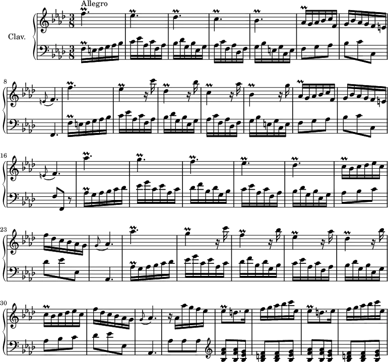
\version "2.18.2"
\header {
  tagline = ##f
  % composer = "Domenico Scarlatti"
  % opus = "K. 187"
  % meter = "Allegro"
}

%% les petites notes
trillBesp       = { \tag #'print { bes4.\prall } \tag #'midi { c32 bes c bes~ bes4 } }
trillCp         = { \tag #'print { c4.\prall } \tag #'midi { des32 c des c~ c4 } }
trillCqqDown    = { \tag #'print { c,16\prall } \tag #'midi { \times 2/3 { c32 des c } } }
trillEesp       = { \tag #'print { ees4.\prall } \tag #'midi { f32 ees f ees~ ees4 } }
trillFp         = { \tag #'print { f4.\prall } \tag #'midi { g32 f g f~ f4 } }
trillFpUp       = { \tag #'print { f'4.\prall } \tag #'midi { g32 f g f~ f4 } }
trillDesp       = { \tag #'print { des4.\prall } \tag #'midi { ees32 des ees des~ des4 } }
trillDes        = { \tag #'print { des4\prall } \tag #'midi { ees32 des ees des~ des8 } }
trillAesqq      = { \tag #'print { aes16\prall } \tag #'midi { \times 2/3 { f32 g f } } }
trillEes        = { \tag #'print { ees4\prall } \tag #'midi { f32 ees f ees~ ees8 } }
trillEesDown    = { \tag #'print { ees,4\prall } \tag #'midi { f32 ees f ees~ ees8 } }
trillDesDown    = { \tag #'print { des,4\prall } \tag #'midi { ees32 des ees des~ des8 } }
trillCDown      = { \tag #'print { c,4\prall } \tag #'midi { des32 c des c~ c8 } }
trillBesDown    = { \tag #'print { bes,4\prall } \tag #'midi { c32 bes c bes~ bes8 } }
trillAesqqDown  = { \tag #'print { aes,16\prall } \tag #'midi { \times 2/3 { aes32 bes aes } } }
trillAespUp     = { \tag #'print { aes'4.\prall } \tag #'midi { bes32 aes bes aes~ aes4 } }
trillGp         = { \tag #'print { g4.\prall } \tag #'midi { aes32 g aes g~ g4 } }
trillCqq        = { \tag #'print { c16\prall } \tag #'midi { \times 2/3 { c32 des c } } }
trillAespUp     = { \tag #'print { aes'4.\prall } \tag #'midi { bes32 aes bes aes~ aes4 } }
trillG          = { \tag #'print { g4\prall } \tag #'midi { aes32 g aes g~ g8 } }
trillFDown      = { \tag #'print { f,4\prall } \tag #'midi { g32 f g f~ f8 } }

trillFqqDown    = { \tag #'print { f,16\prall } \tag #'midi { \times 2/3 { f32 g f } } }
trillFqqUp      = { \tag #'print { f'16\prall } \tag #'midi { \times 2/3 { f32 g f } } }
trillAesqqUp    = { \tag #'print { aes'16\prall } \tag #'midi { \times 2/3 { f32 g f } } }
trillEesq       = { \tag #'print { ees8\prall } \tag #'midi { f32 ees f ees } }
appoGAesp       = { \tag #'print { \appoggiatura g8 aes4. } \tag #'midi { g4 aes8 } }
appoGEFp        = { \tag #'print { \appoggiatura e8 f4. } \tag #'midi { e4 f8 } }


upper = \relative c'' {
  \clef treble 
  \key f \minor
  \time 3/8
  \tempo 4. = 78
  \set Staff.midiInstrument = #"harpsichord"
  \override TupletBracket.bracket-visibility = ##f

      s8*0^\markup{Allegro}
      \trillFp \trillEesp \trillDesp \trillCp \trillBesp 
      % ms. 6
      \trillAesqq g16 aes bes c f, | g bes aes g f e | \appoGEFp | \trillFpUp \trillEes r16 c'16 | \trillDesDown r16 bes'16 |
      % ms. 12
      \trillCDown r16 aes'16 | \trillBesDown r16 g'16 | \trillAesqqDown g16 aes bes c f, | g bes aes g f e | \appoGEFp | \trillAespUp |
      % ms. 18
      \trillGp \trillFp \trillEesp \trillDesp | \trillCqq bes16 c des ees c | f des c bes aes g |
      % ms. 24
      \appoGAesp | \trillAespUp \trillG r16 c16 | \trillFDown r16 bes16 | \trillEesDown r16 aes16 | \trillDesDown r16 bes'16 |
      % ms. 30
      \trillCqqDown bes16 c des ees c | f des c bes aes g | \appoGAesp |
      % ms. 33
      r16 aes16 aes' g f ees | \repeat unfold 2 {  \trillEesq d8. ees16 | f g aes bes c ees, } |
      % ms. 36
      

}

lower = \relative c' {
  \clef bass
  \key f \minor
  \time 3/8
  \set Staff.midiInstrument = #"harpsichord"
  \override TupletBracket.bracket-visibility = ##f

    % ************************************** \appoggiatura a16  \repeat unfold 2 {  } \times 2/3 { }   \omit TupletNumber 
      \trillFqqDown e16 f g aes bes | c ees aes, c f, aes | bes des g, bes ees, g | aes c f, aes des, f | g bes e, g c, e |
      % ms. 6
      f8 g aes | bes c c, | f,4. | \trillFqqUp e16 f g aes bes | c ees aes, c f, aes | bes des g, bes ees, g | aes c f, aes des, f | g bes e, g c, e | f8 g aes | bes c c, | f f, r8 | \repeat unfold 2 { \trillAesqqUp g16 aes bes c des |
      % ms. 12
      ees16 g c, ees aes, c | des f bes, des g, bes | c ees aes, c f, aes | bes des g, bes ees, g | aes8 bes c | des ees ees, |
      % ms. 18 et répet
      aes,4. } | 
      % ms. 33–36
      aes'8 aes aes |   \clef treble \repeat unfold 2 { < bes f' aes >8 q < bes ees g > | < bes d f > q < bes ees g > }

}

thePianoStaff = \new PianoStaff <<
    \set PianoStaff.instrumentName = #"Clav."
    \new Staff = "upper" \upper
    \new Staff = "lower" \lower
  >>

\score {
  \keepWithTag #'print \thePianoStaff
  \layout {
      #(layout-set-staff-size 17)
    \context {
      \Score
     \override SpacingSpanner.common-shortest-duration = #(ly:make-moment 1/2)
      \remove "Metronome_mark_engraver"
    }
  }
}

\score {
  \keepWithTag #'midi \thePianoStaff
  \midi { }
}
