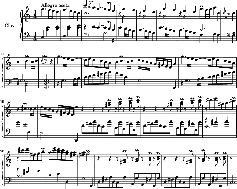\version "2.18.2"
\header {
tagline = ##f
% composer = "Domenico Scarlatti"
% opus = "K. 527"
% meter = "Allegro assai"
}
%% les petites notes
trillGb = { \tag #'print { g2\prall } \tag #'midi { a32 g a g~ g4. } }
trillD = { \tag #'print { d4\prall } \tag #'midi { e32 d e d~ d8 } }
trillF = { \tag #'print { f4\prall } \tag #'midi { g32 f g f~ f8 } }
trillGqpUp = { \tag #'print { g'8.\prall } \tag #'midi { a32 g a g~ g16 } }
trillFisAq = { \tag #'print { < fis a >8\prall } \tag #'midi { << { b32 a b a } \\ { fis8 } >> } }
trillGBq = { \tag #'print { < g b >8\prall } \tag #'midi { << { c32 b c b } \\ { g8 } >> } }
trillACq = { \tag #'print { < a c >8\prall } \tag #'midi { << { d32 c d c } \\ { a8 } >> } }
trillBDq = { \tag #'print { < b d >8\prall } \tag #'midi { << { e32 d e d } \\ { b8 } >> } }
trillbq = { \tag #'print { b8\prall } \tag #'midi { cis32 b cis b } }
trillcisq = { \tag #'print { cis8\prall } \tag #'midi { d32 cis d cis } }
trillCp = { \tag #'print { c4.\prall } \tag #'midi { d32 c d c~ c4 } }
trillDb = { \tag #'print { d2\prall } \tag #'midi { e32 d e d~ d4. } }
trillCisp = { \tag #'print { cis4.\prall } \tag #'midi { d32 cis d cis~ cis4 } }
upper = \relative c'' {
\clef treble
\key c \major
\time 3/4
\tempo 4 = 110
s8*0^\markup{Allegro assai}
g'4. f16 e d4 | f4.e16 d c4 | << { c'4 \acciaccatura b8 a4 g~| g \trillF e4 } \\ { c2. } >>
% ms. 5
\repeat unfold 2 { << { s4 g'4 f s4 e4 d } \\ { \repeat unfold 2 { b4\rest g2 } } >> } | \trillGqpUp f32 g a4 c, |
% ms. 10
\appoggiatura c8 b2 c4 | b \trillCp b16 c | \appoggiatura c4 \trillDb r4 | g4. f16 e d4~ | d8 e d c b \tag #'print a8 \tag #'midi r8 |
% ms. 15
b4 \trillCp b16 c | d c b a g fis e d g4 | g'4. f16 e d4~ | d8 e d c b \tag #'print a8 \tag #'midi r8 | b4 \trillCisp b16 cis |
% ms. 20
d16 c b a g fis e d d'4 | \repeat unfold 2 { r4 r4 r8 \trillFisAq r8 \trillGBq r8 \trillACq r8 \trillBDq }
% ms. 25
r8 dis8 e gis, a \trillcisq | r8 cis8 d fis, g \trillbq | a8 < c e > < b d > < a c > < g b > < fis a > | q4 \trillGb |
% ms. 29
\repeat unfold 2 { r4 r4 b,8\rest \trillFisAq r8 \trillGBq r8 \trillACq r8 \trillBDq } | r8 s8
}
lower = \relative c' {
\clef bass
\key c \major
\time 3/4
% ************************************** \appoggiatura a16 \repeat unfold 2 { } \times 2/3 { } \omit TupletNumber
c,4 < c' e > < d f > | d, < d' f > < e g > | << { r4 f4 e~ | e \trillD c4 } \\ { f,2. | g2 r4 } >> |
% ms. 5
\repeat unfold 2 { e'4. d16 c b4 | c4. b16 a g4 } | << { c2. } \\ { e,4 f e } >>
% ms. 10
< d f >2 << { g4~ | g2. } \\ { e4 | < d f > < c e >2 } >> < g d' g >2. | r4 g'4. a16 b | c8 d e fis g a |
% ms. 15
g4 e c | g2 g,4 | r4 g'4. a16 b | c8 d e fis g a | g4 e e, |
% ms. 20
d2 d,4 | \repeat unfold 2 { d''8 fis a d, c a' | b, g' a, fis' g, g' }
% ms. 25
<< { r4 gis4 a | r4 fis4 g } \\ { c,2. b } >> | c4 d d, | g2 g,4 |
% ms. 29
\repeat unfold 2 { d'8 fis a d, c a' | b, g' a, fis' g, g' } | c,2.*1/3
}
thePianoStaff = \new PianoStaff <<
\set PianoStaff.instrumentName = #"Clav."
\new Staff = "upper" \upper
\new Staff = "lower" \lower
>>
\score {
\keepWithTag #'print \thePianoStaff
\layout {
#(layout-set-staff-size 17)
\context {
\Score
\override TupletBracket.bracket-visibility = ##f
\override SpacingSpanner.common-shortest-duration = #(ly:make-moment 1/2)
\remove "Metronome_mark_engraver"
}
}
}
\score {
\keepWithTag #'midi \thePianoStaff
\midi { \set Staff.midiInstrument = #"harpsichord" }
}