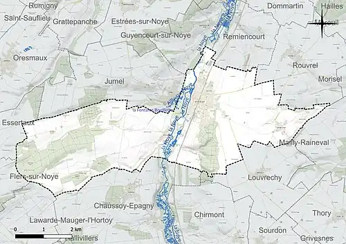Carte en couleur présentant le réseau hydrographique de la commune