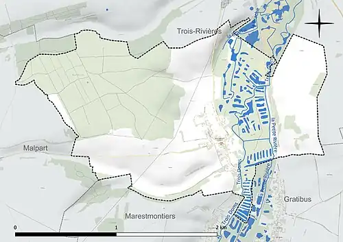 Carte en couleur présentant le réseau hydrographique de la commune