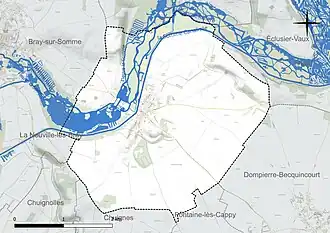 Carte en couleur présentant le réseau hydrographique de la commune