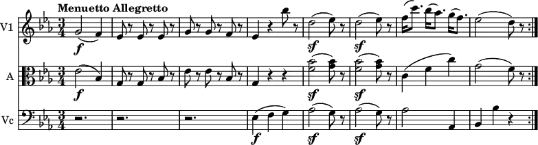 
<< \new Staff \with { instrumentName = #"V1 "}  
     \relative c'' {
    \version "2.18.2"
    \key ees \major 
    \tempo "Menuetto Allegretto"
    \time 3/4
    \tempo 4 = 140
  g2\f (f4) 
  ees8 r ees r ees r
  g r g r f r
  ees4 r bes''8 r
  d,2\sf (ees8) r
  d2\sf (ees8) r
  f16 (c'8.) bes16 (aes8.) g16 (f8.)
  ees2 (d8) r \bar ":|."
}
\new Staff \with { instrumentName = #"A "} \relative c' {
    \key ees \major 
    \clef "alto"
    ees2\f (bes4) 
  g8 r g r bes r
  ees r ees r bes r
  g4 r  r
  <f' bes>2\sf  (<g bes>8) r
  <f bes>2\sf  (<g bes>8) r
  c,4 (f c')
  g2 (f8) r8   
 }
 \new Staff \with { instrumentName = #"Vc "} \relative c' {
    \key ees \major 
    \clef "bass"
    r2. r2. r2. 
    ees,4\f (f g)
    aes2\sf (g8) r
    aes2\sf (g8) r
    aes2 aes,4
    bes4 bes' r
 } 
>>

