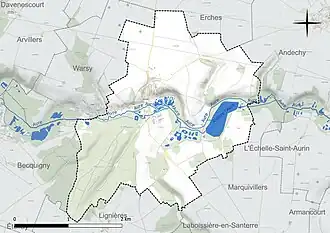 Carte en couleur présentant le réseau hydrographique de la commune