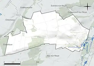 Carte en couleur présentant le réseau hydrographique de la commune