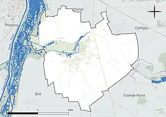 Carte en couleur présentant le réseau hydrographique de la commune