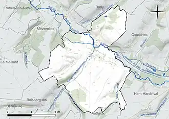 Carte en couleur présentant le réseau hydrographique de la commune
