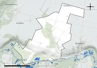 Carte en couleur présentant le réseau hydrographique de la commune