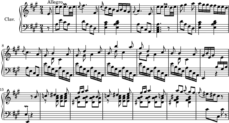 \version "2.18.2"
\header {
tagline = ##f
% composer = "Domenico Scarlatti"
% opus = "K. 181"
% meter = "Allegro"
}
%% les petites notes
trillEqp = { \tag #'print { e8.\prall } \tag #'midi { fis32 e fis e~ e16 } }
trillEpDown = { \tag #'print { e,4\prall } \tag #'midi { fis32 e fis e~ e8 } }
upper = \relative c'' {
\clef treble
\key a \major
\time 2/4
\tempo 4 = 92
\set Staff.midiInstrument = #"harpsichord"
\override TupletBracket.bracket-visibility = ##f
\partial 8
s8*0^\markup{Allegro}
e,8 | e'8 e \trillEqp d32 e | \appoggiatura e8 fis4. fis, 8 | \appoggiatura e'16 d8 cis16 b a b a gis | \appoggiatura gis8 a4. e8 | e'8 e \trillEqp d32 e |
% ms. 6
fis8 gis4 a8 | a16 gis gis fis fis e e d | \appoggiatura d8 cis4. a8 |
<< { gis8 b4 a8 | gis8 d'4 cis8 } \\ { s8 d,8 cis4 | s8 gis'8 a4 } >>
% ms. 11
<< { b8 b'4 a8 | gis d4 cis8 | b b4 a8 } \\ { s8 d8 cis4 | b8 gis a4 | s8 d,8 cis4 } >> | gis'16 b e, gis \stemUp \change Staff = "lower" b, \stemDown \change Staff = "upper" e \stemUp \change Staff = "lower" gis, b \trillEpDown \change Staff = "upper" r8 \repeat unfold 2 { b''8
% ms. 16
c8 \stemUp dis4 e8 | fis16 gis a4 } c,8 | a'8 gis \appoggiatura a16 gis8 fis | \stemNeutral
% ms. 21
\appoggiatura fis16 eis16 dis cis8 r8 s8 % gis8 | r8
}
lower = \relative c' {
\clef bass
\key a \major
\time 2/4
\set Staff.midiInstrument = #"harpsichord"
\override TupletBracket.bracket-visibility = ##f
% ************************************** \appoggiatura a16 \repeat unfold 2 { } \times 2/3 { } \omit TupletNumber
r8 | a8 e' cis a | d8 a fis d | < e a cis >4 < e a b d > | a8 e cis a | < a cis e a >4. r8 |
% ms. 6
d'8 a fis d | < e a cis >4 < e a b d > | a8 e cis a | \repeat unfold 5 { e''16 b gis e a e cis a } |
% ms. 14
\repeat unfold 2 { \shiftOn e4 r4 } | \stemDown \change Staff = "upper"
% ms. 16
\repeat unfold 2 { r8 < e'' a c >8 q q | < dis a' b > q q < dis a' > } | < dis fis gis bis >4 q | \stemDown \change Staff = "lower"
% ms. 21
cis8 cis, cis'8 r8
}
thePianoStaff = \new PianoStaff <<
\set PianoStaff.instrumentName = #"Clav."
\new Staff = "upper" \upper
\new Staff = "lower" \lower
>>
\score {
\keepWithTag #'print \thePianoStaff
\layout {
#(layout-set-staff-size 17)
\context {
\Score
\override SpacingSpanner.common-shortest-duration = #(ly:make-moment 1/2)
\remove "Metronome_mark_engraver"
}
}
}
\score {
\keepWithTag #'midi \thePianoStaff
\midi { }
}