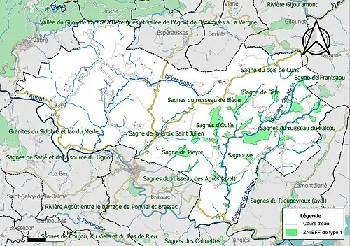 Carte des ZNIEFF de type 1 sur la commune.
