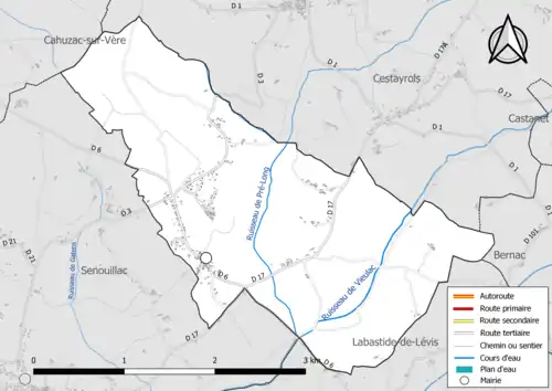 Carte en couleur présentant le réseau hydrographique de la commune