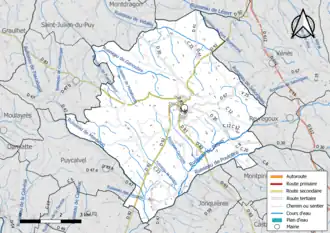Carte en couleur présentant le réseau hydrographique de la commune