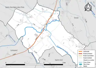 Carte en couleur présentant le réseau hydrographique de la commune