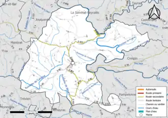 Carte en couleur présentant le réseau hydrographique de la commune