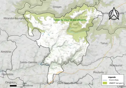 Carte de la ZNIEFF de type 2 sur la commune.