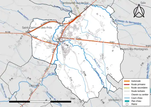 Carte en couleur présentant le réseau hydrographique de la commune