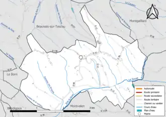 Carte en couleur présentant le réseau hydrographique de la commune