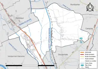 Carte en couleur présentant le réseau hydrographique de la commune