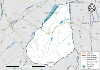 Carte en couleur présentant le réseau hydrographique de la commune