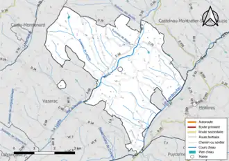 Carte en couleur présentant le réseau hydrographique de la commune