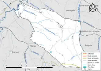 Carte en couleur présentant le réseau hydrographique de la commune